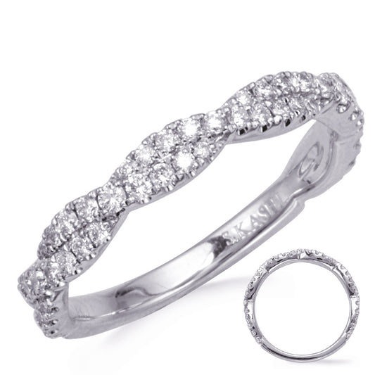 This Band is available in 14K White Gold. There are a total of 55 stones. There are Round with a total carat weight of 0.5 set in a Micro Prong setting.