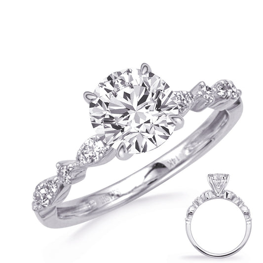 This Engagement Ring  is available in 14K White Gold. There are a total of 14 stones. There are Rounds with a total carat weight of 0.2 set in a Micro Prong setting.