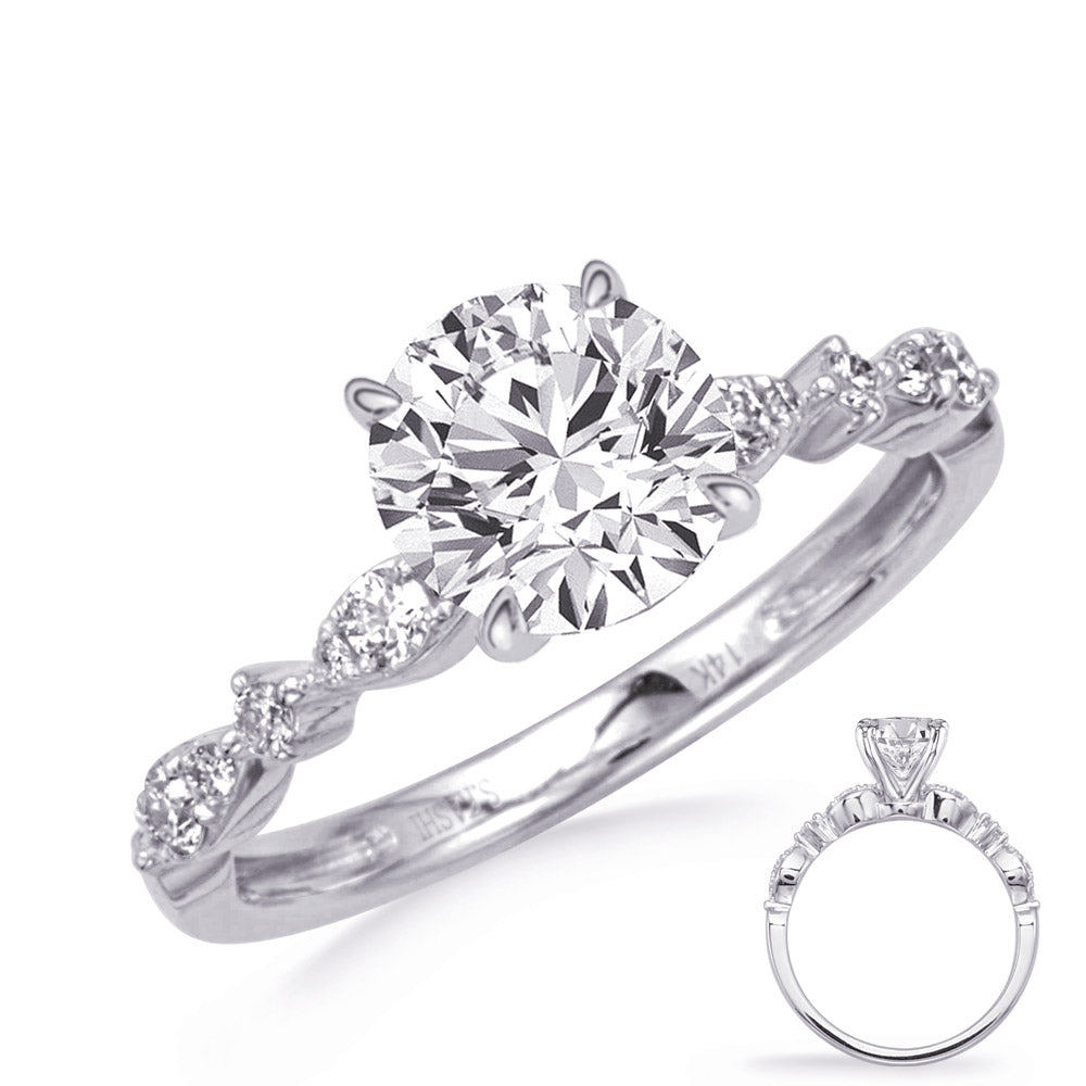 This Engagement Ring  is available in 14K White Gold. There are a total of 14 stones. There are Rounds with a total carat weight of 0.2 set in a Micro Prong setting.
