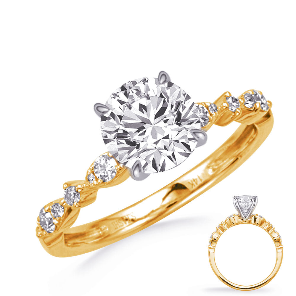 This Engagement Ring  is available in 14K Yellow & White Gold. There are a total of 14 stones. There are Rounds with a total carat weight of 0.2 set in a Micro Prong setting.