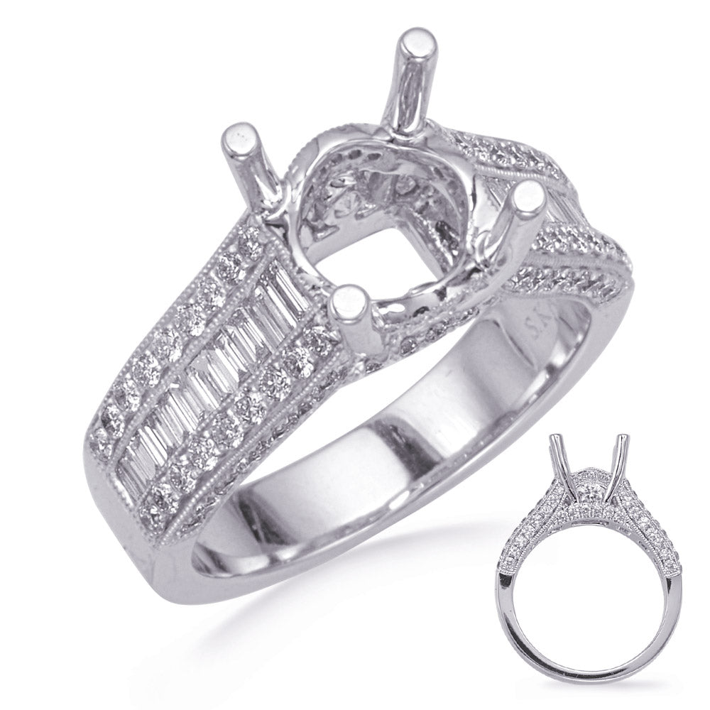 This Engagement Ring  is available in 14K White Gold. There are a total of 120 stones. There are Baguette with a total carat weight of 0.3 set in a Channel Set|Micro Prong setting.There are Rounds stones with a total carat weight of 0.86 set in a Channel Set|Micro Prong.