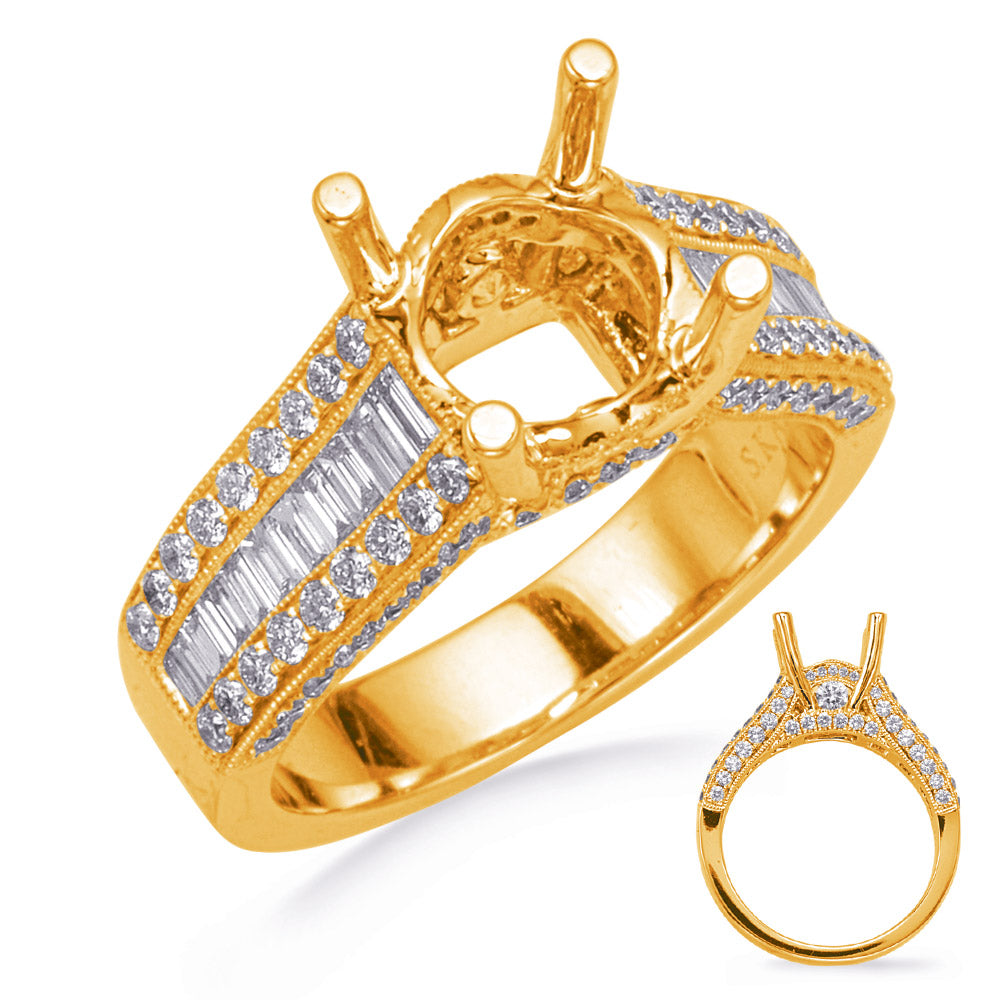 This Engagement Ring  is available in 14K Yellow Gold. There are a total of 120 stones. There are Baguette with a total carat weight of 0.3 set in a Channel Set|Micro Prong setting.There are Rounds stones with a total carat weight of 0.86 set in a Channel Set|Micro Prong.