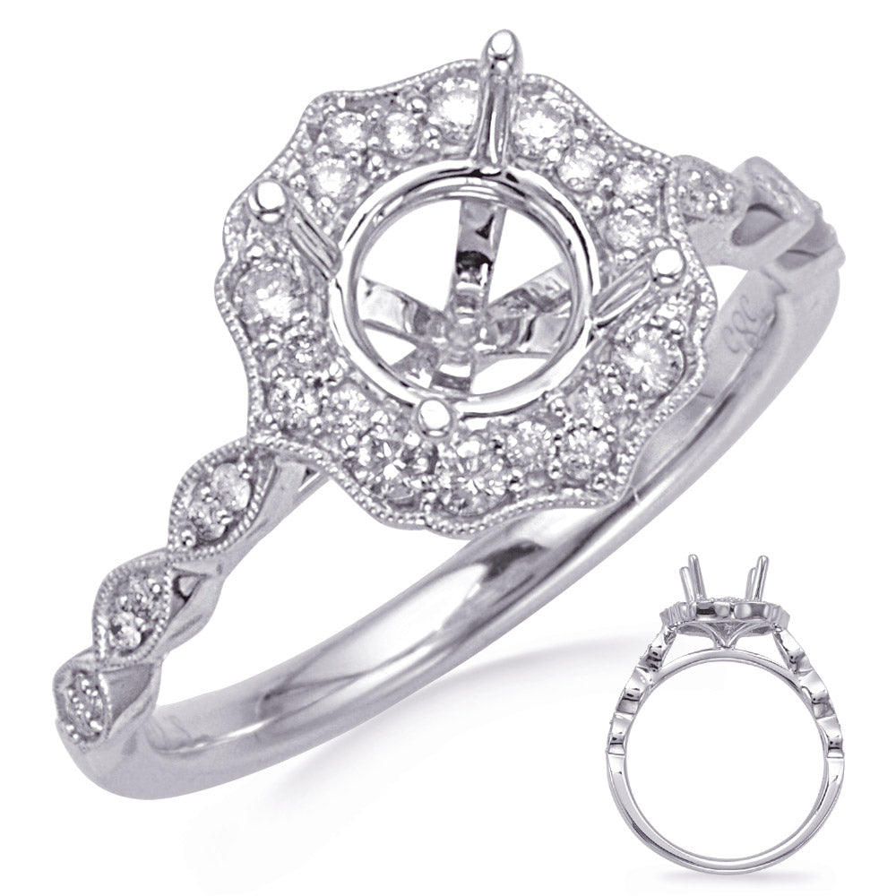 This Engagement Ring  is available in 14K White Gold. There are a total of 32 stones. There are Rounds with a total carat weight of 0.24 set in a Micro Prong setting.
