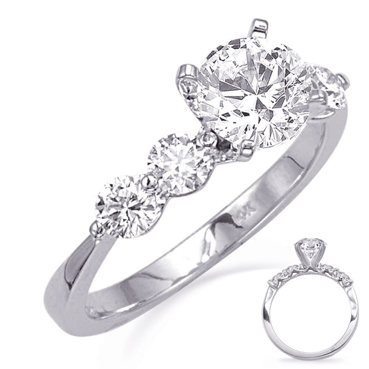 This Engagement Ring  is available in 14K White Gold. There are a total of 4 stones. There are Rounds with a total carat weight of 0.64 set in a Shared Prongs setting.