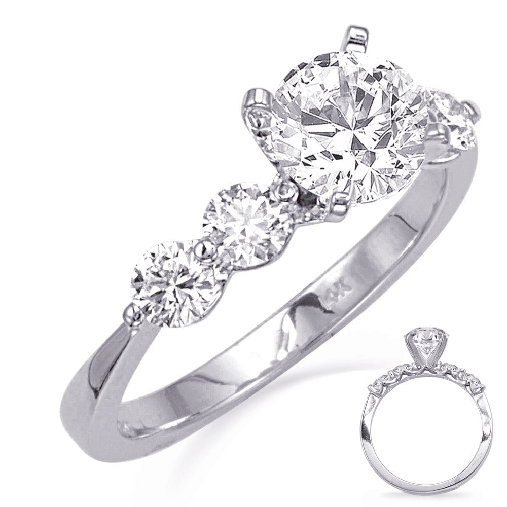 This Engagement Ring  is available in 14K White Gold. There are a total of 4 stones. There are Rounds with a total carat weight of 0.64 set in a Shared Prongs setting.