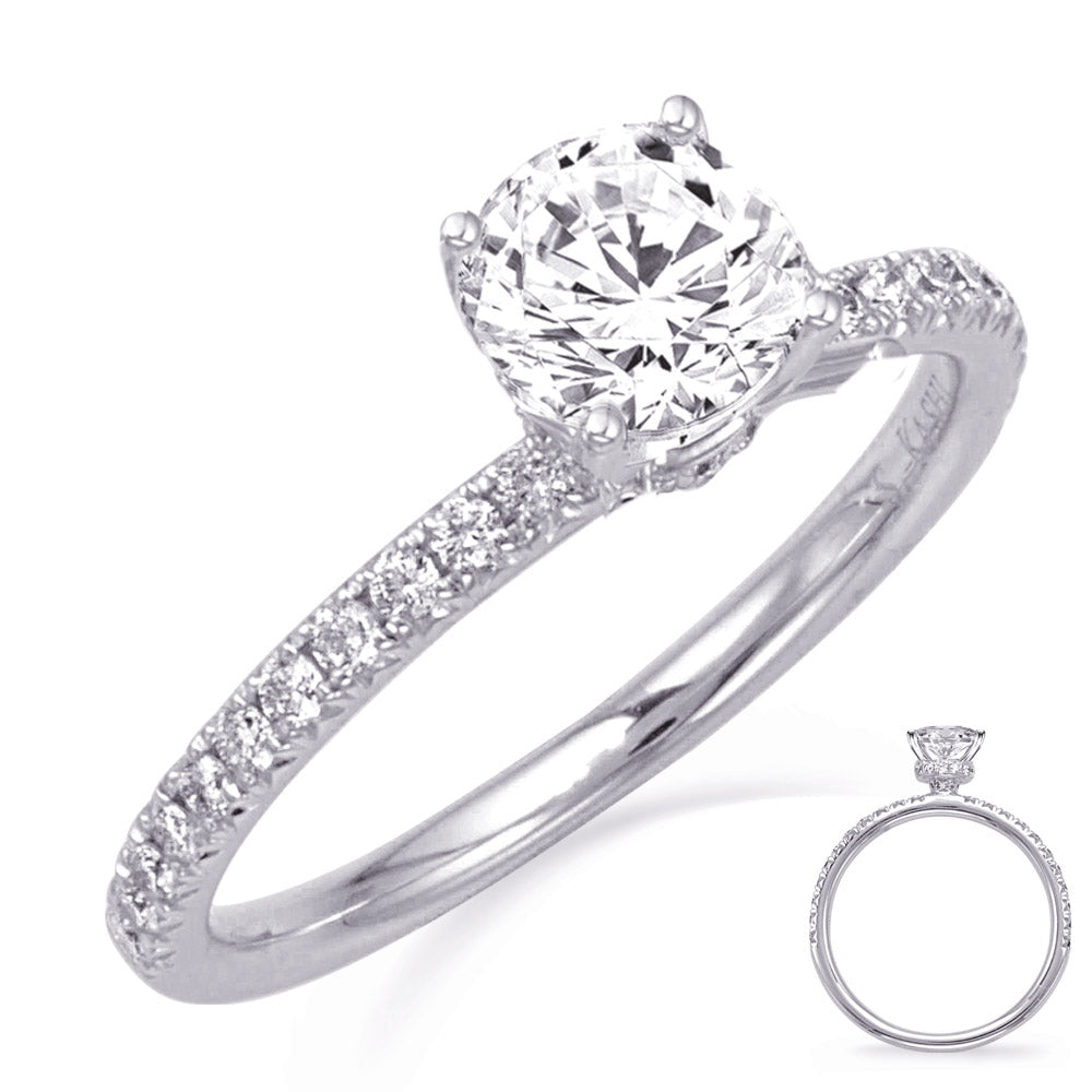 This Engagement Ring  is available in 14K White Gold. There are a total of 39 stones. There are Rounds with a total carat weight of 0.48 set in a Micro Prong setting.