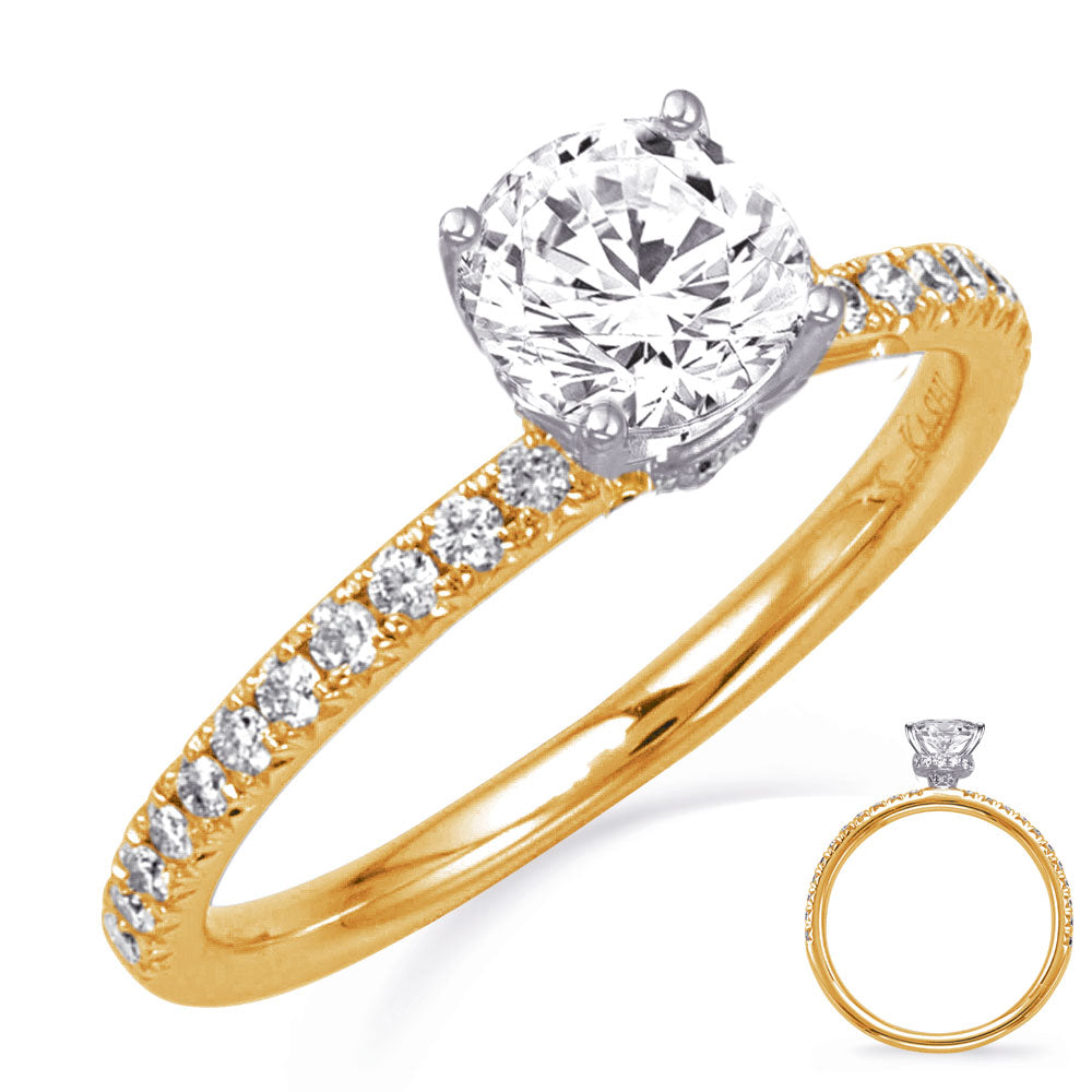 This Engagement Ring  is available in 14K Yellow & White Gold. There are a total of 40 stones. There are Rounds with a total carat weight of 0.56 set in a Micro Prong setting.