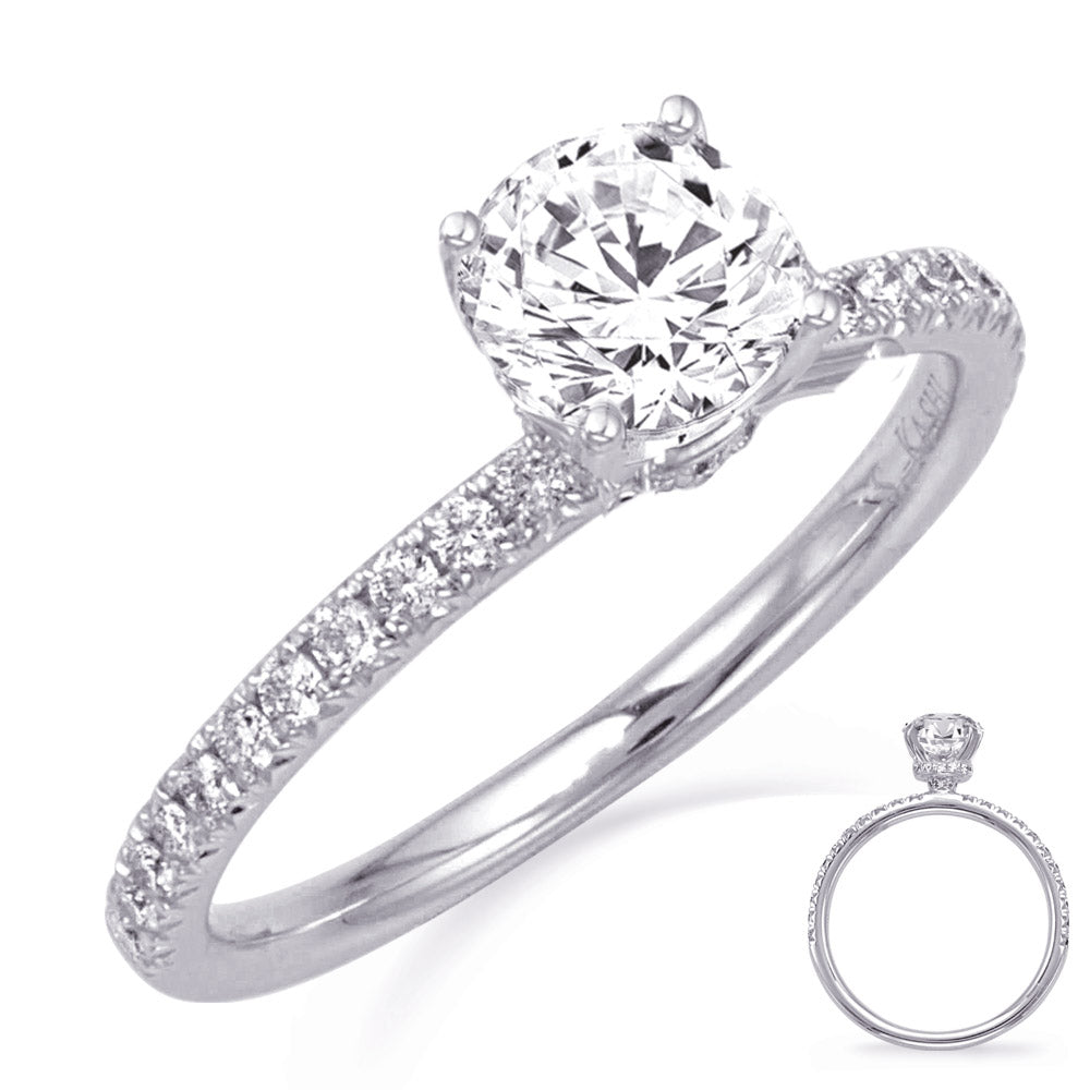 This Engagement Ring  is available in 14K White Gold. There are a total of 38 stones. There are Rounds with a total carat weight of 0.93 set in a Micro Prong setting.