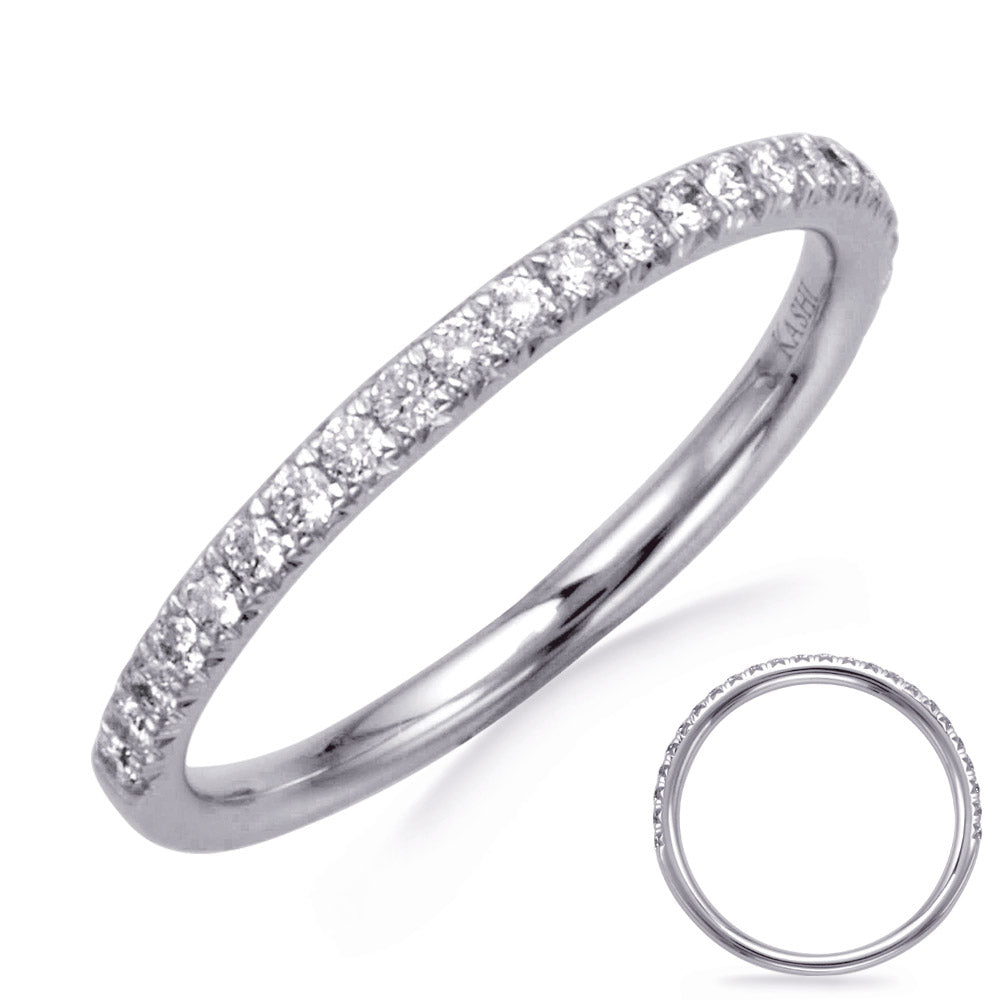 This Band is available in 14K White Gold. There are a total of 22 stones. There are Round with a total carat weight of 0.32 set in a Micro Prong setting.