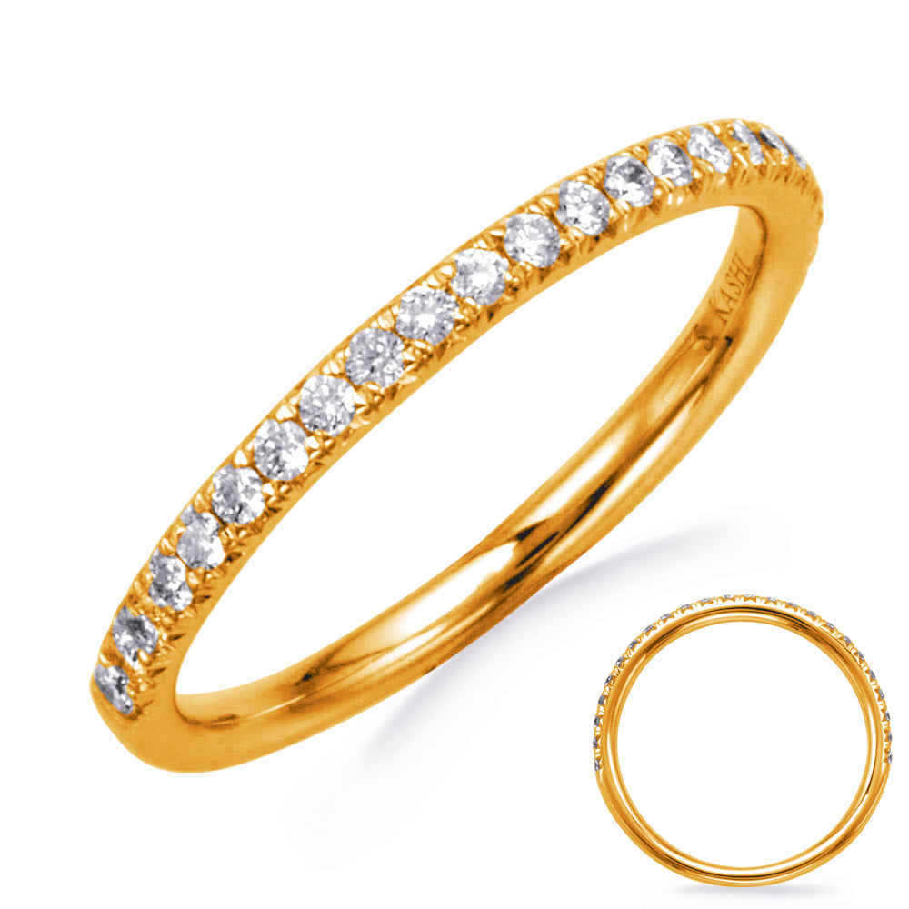 This Band is available in 14K Yellow Gold. There are a total of 22 stones. There are Round with a total carat weight of 0.26 set in a Micro Prong setting.