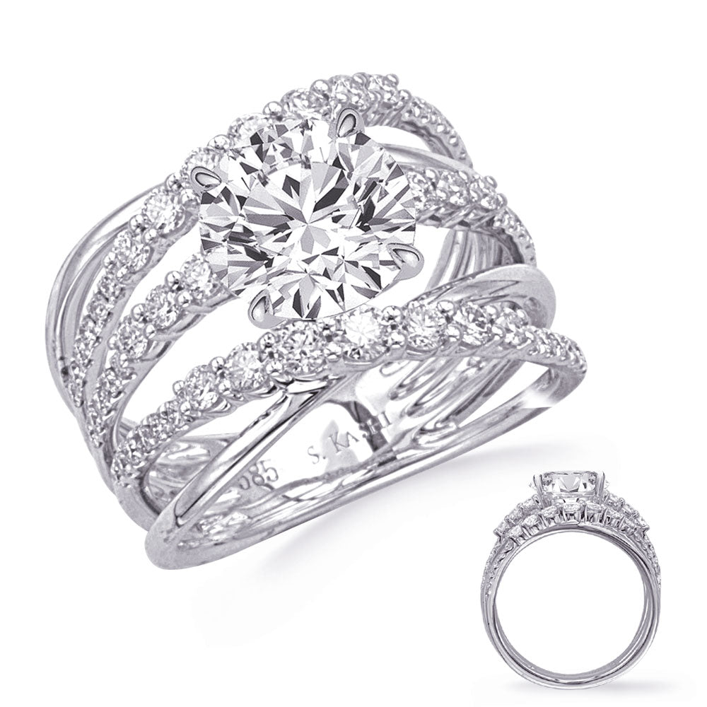 This Engagement Ring  is available in 14K White Gold. There are a total of 54 stones. There are Rounds with a total carat weight of 0.94 set in a Micro Prong setting.