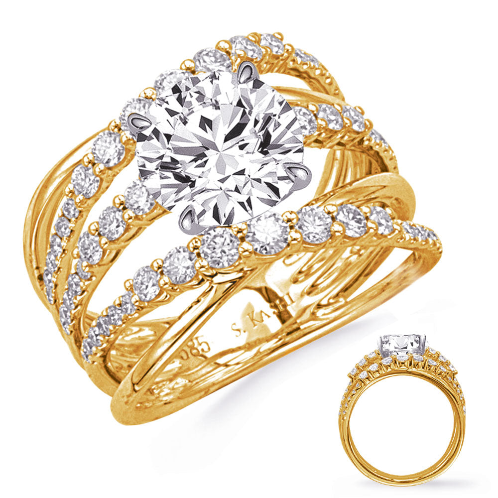 This Engagement Ring  is available in 14K Yellow & White Gold. There are a total of 54 stones. There are Rounds with a total carat weight of 0.94 set in a Micro Prong setting.