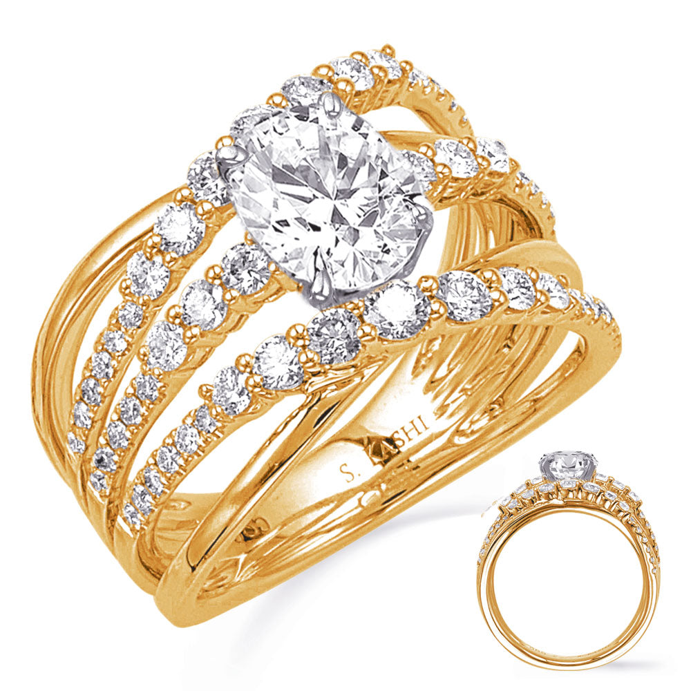 This Engagement Ring  is available in 14K Yellow & White Gold. There are a total of 54 stones. There are Rounds with a total carat weight of 1.03 set in a Micro Prong setting.