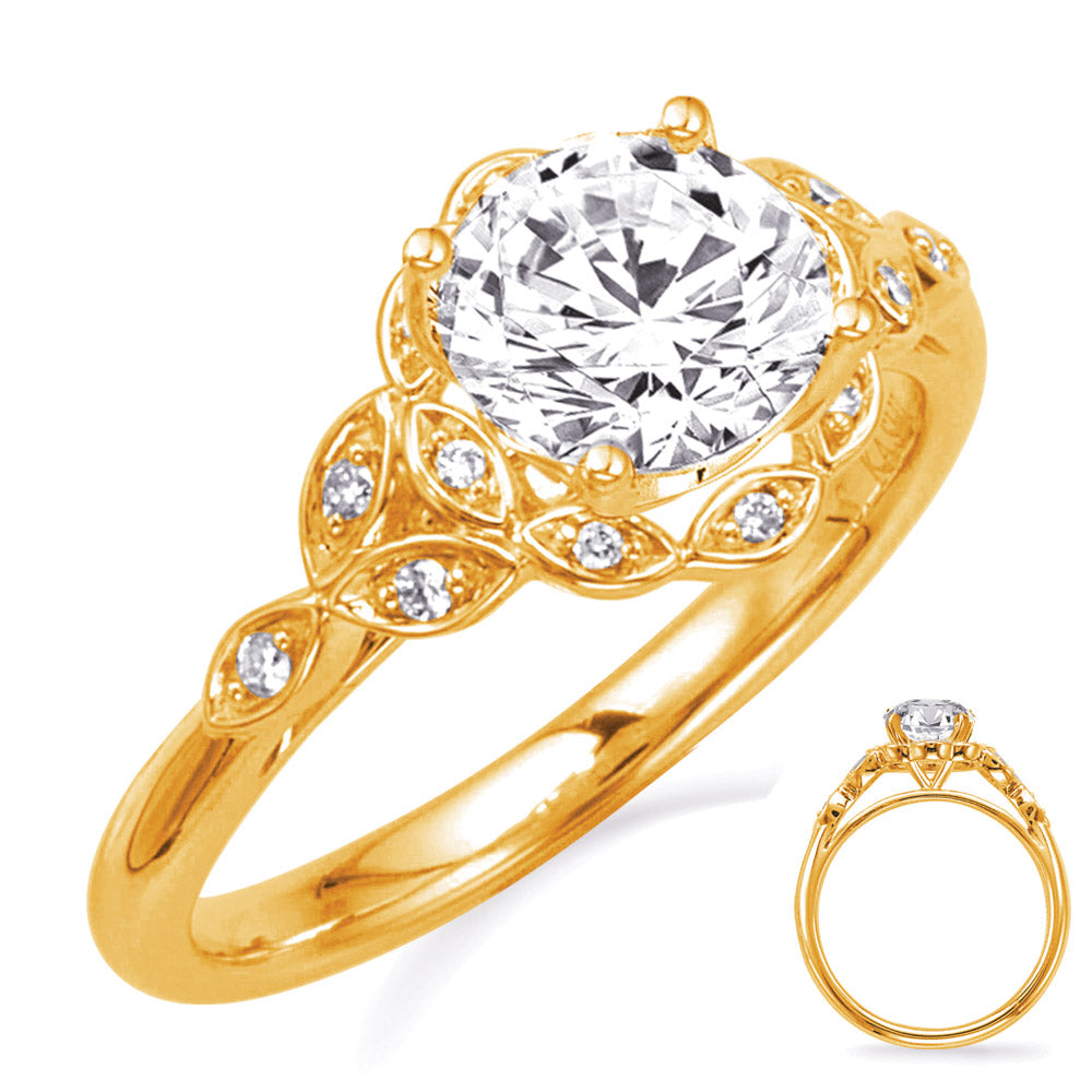 This Engagement Ring  is available in 14K Yellow Gold. There are a total of 14 stones. There are Rounds with a total carat weight of 0.08 set in a Micro Prong setting.