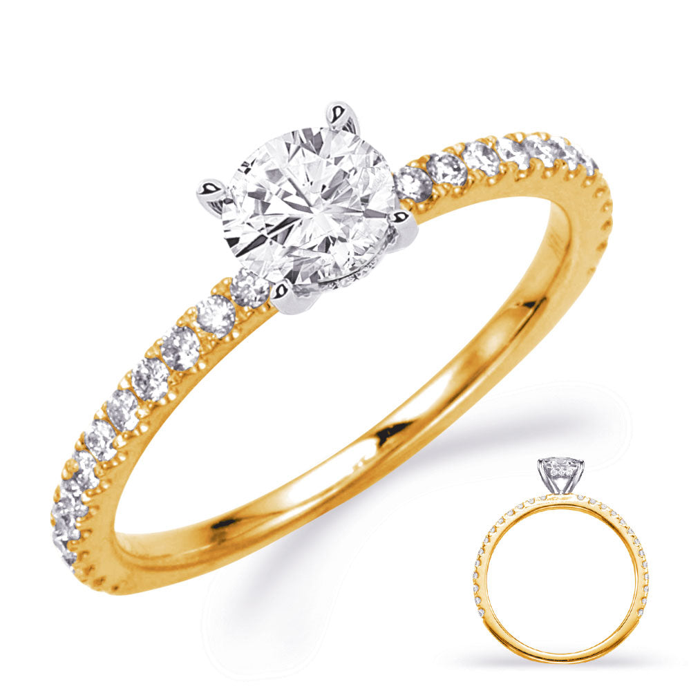This Engagement Ring  is available in 14K Yellow & White Gold. There are a total of 36 stones. There are Rounds with a total carat weight of 0.32 set in a Micro Prong setting.