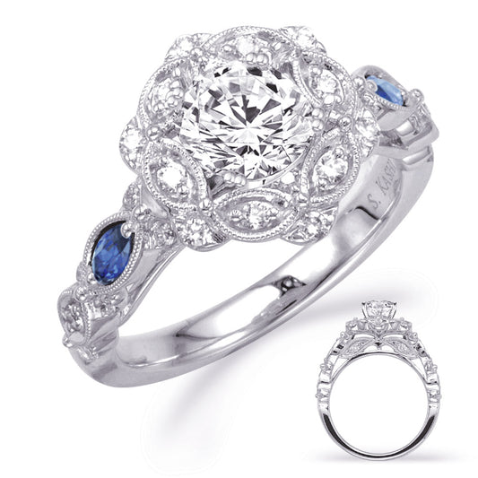 This Engagement Ring  is available in 14K White Gold. There are a total of 34 stones. There are Rounds with a total carat weight of 0.32 set in a Channel Set|Prong Set setting.There are Sapphire stones with a total carat weight of 0.16 set in a Channel Set|Prong Set.