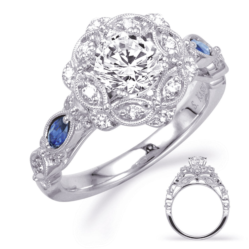 This Engagement Ring  is available in 14K White Gold. There are a total of 34 stones. There are Rounds with a total carat weight of 0.32 set in a Channel Set|Prong Set setting.There are Sapphire stones with a total carat weight of 0.16 set in a Channel Set|Prong Set.