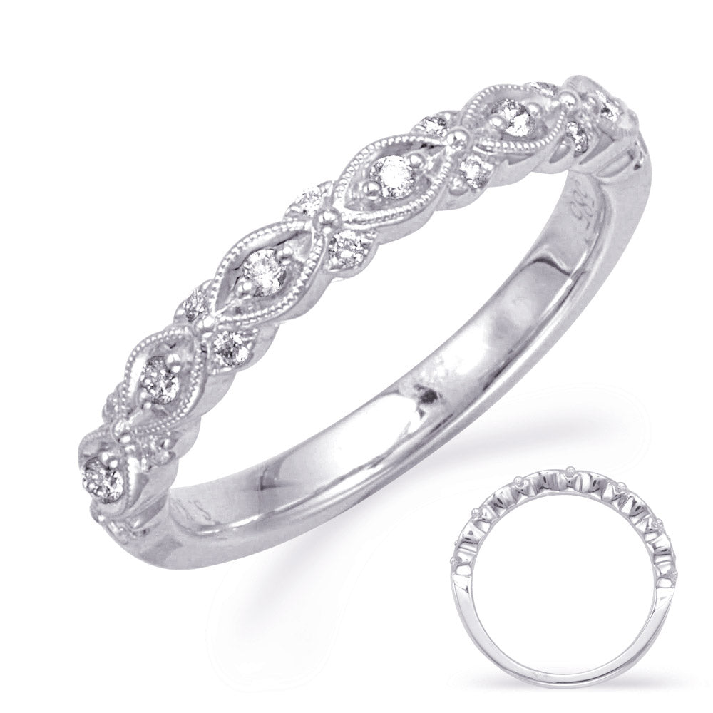 This Band is available in 14K White Gold. There are a total of 20 stones. There are Round with a total carat weight of 0.18 set in a Channel Set|Prong Set setting.