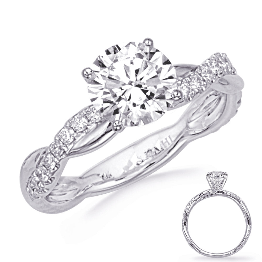 This Engagement Ring  is available in 14K White Gold. There are a total of 30 stones. There are Rounds with a total carat weight of 0.28 set in a Micro Prong setting.