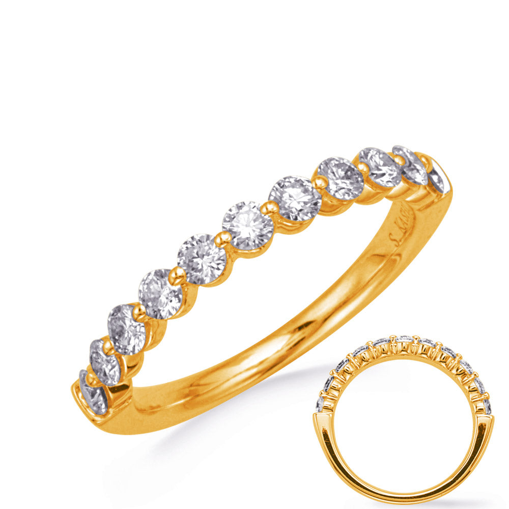 This Band is available in 14K Yellow Gold. There are a total of 11 stones. There are Round with a total carat weight of 0.71 set in a Shared Prongs setting.