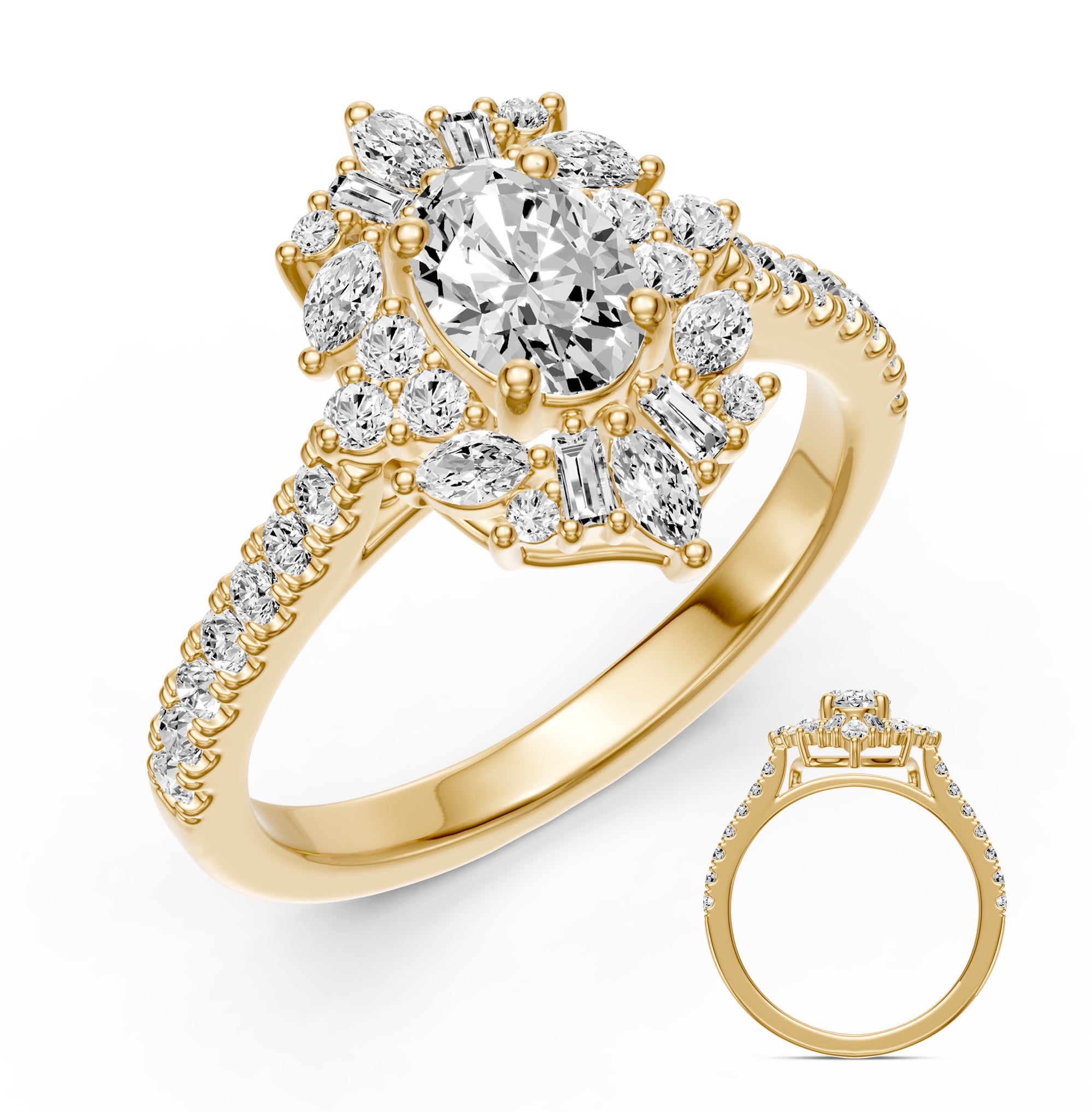 This Engagement Ring  is available in 14K Yellow Gold. There are a total of 34 stones. There are Marquise with a total carat weight of 0.25 set in a  setting.There are Rounds stones with a total carat weight of 0.34 set in a .