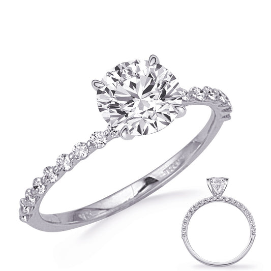 This Engagement Ring  is available in 14K White Gold. There are a total of 18 stones. There are Rounds with a total carat weight of 0.24 set in a Micro Prong|Shared Prongs setting.