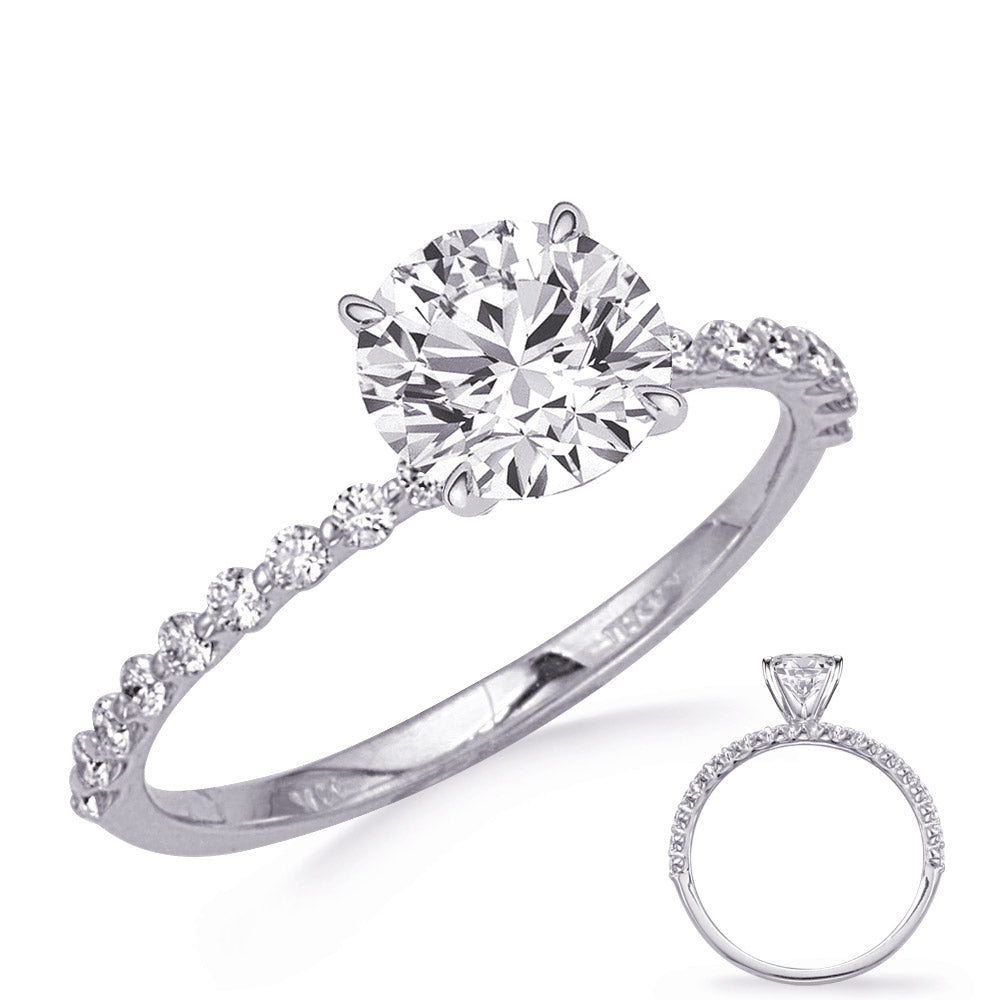 This Engagement Ring  is available in 14K White Gold. There are a total of 18 stones. There are Rounds with a total carat weight of 0.24 set in a Micro Prong|Shared Prongs setting.