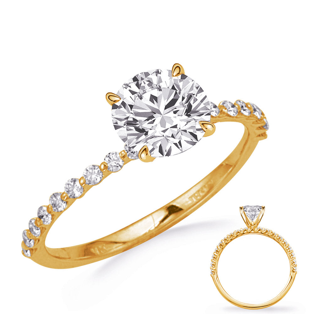 This Engagement Ring  is available in 14K Yellow Gold. There are a total of 18 stones. There are Rounds with a total carat weight of 0.24 set in a Micro Prong|Shared Prongs setting.