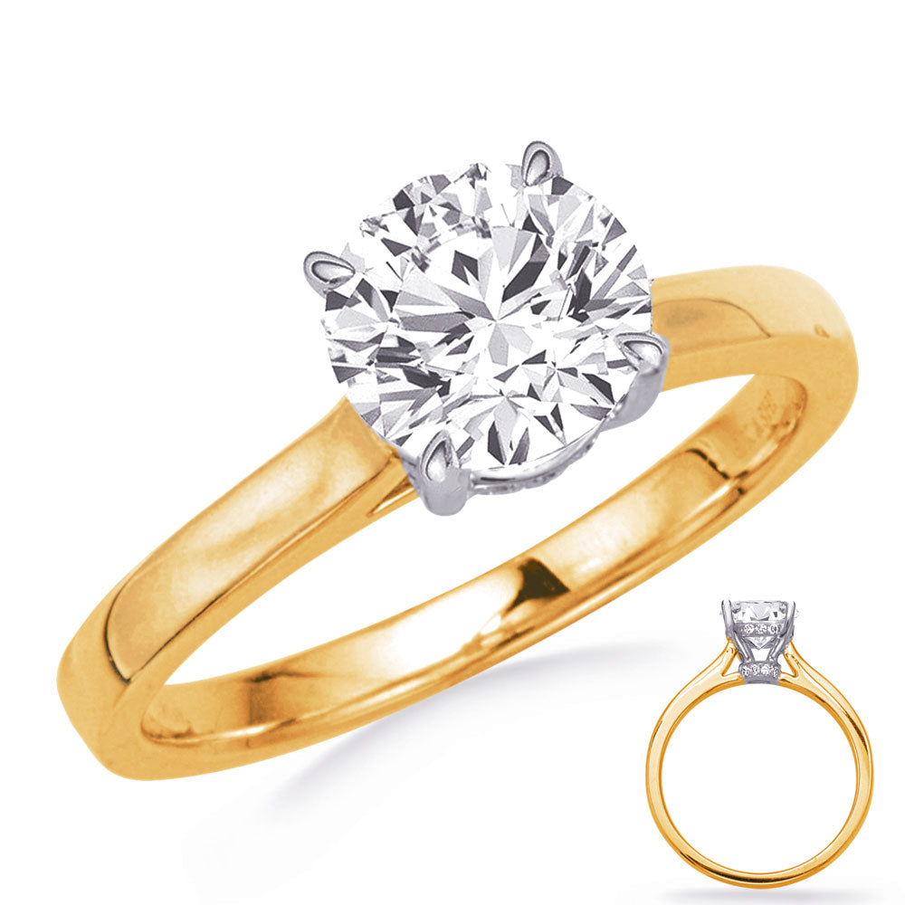 This Engagement Ring  is available in 14K Yellow & White Gold. There are a total of 30 stones. There are Rounds with a total carat weight of 0.18 set in a Micro Prong setting.