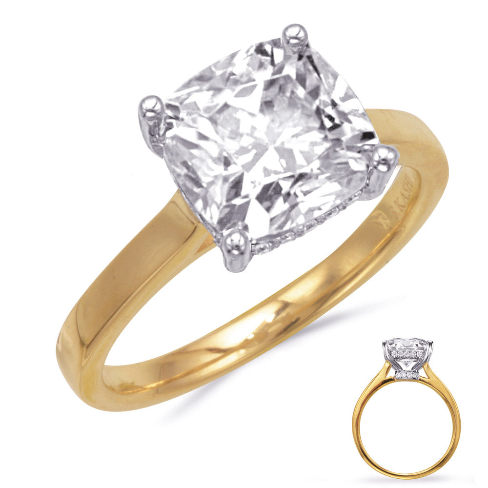 This Engagement Ring  is available in 14K Yellow & White Gold. There are a total of 18 stones. There are Rounds with a total carat weight of 0.06 set in a Micro Prong setting.