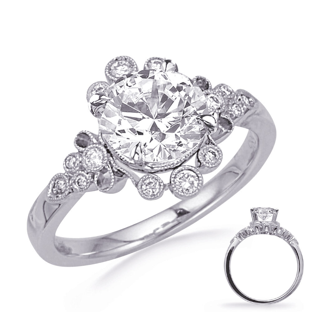 This Engagement Ring  is available in 14K White Gold. There are a total of 14 stones. There are Rounds with a total carat weight of 0.19 set in a Bezel Set setting.