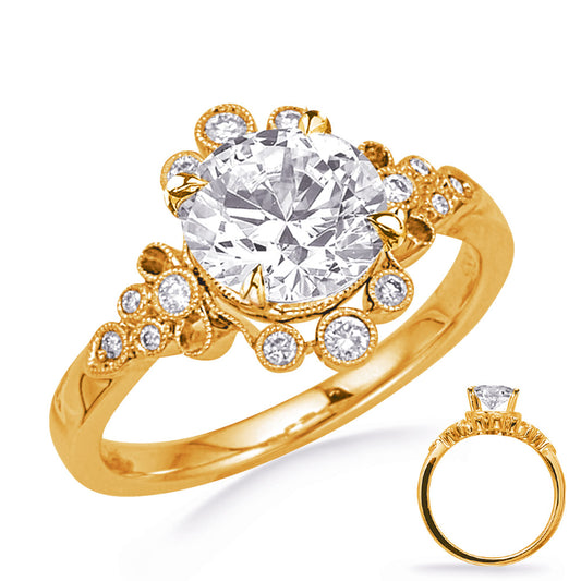 This Engagement Ring  is available in 14K Yellow Gold. There are a total of 14 stones. There are Rounds with a total carat weight of 0.15 set in a Bezel Set setting.