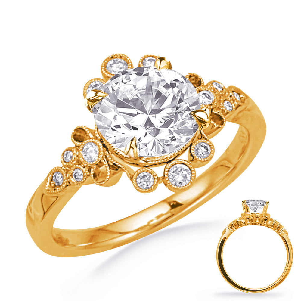 This Engagement Ring  is available in 14K Yellow Gold. There are a total of 14 stones. There are Rounds with a total carat weight of 0.15 set in a Bezel Set setting.