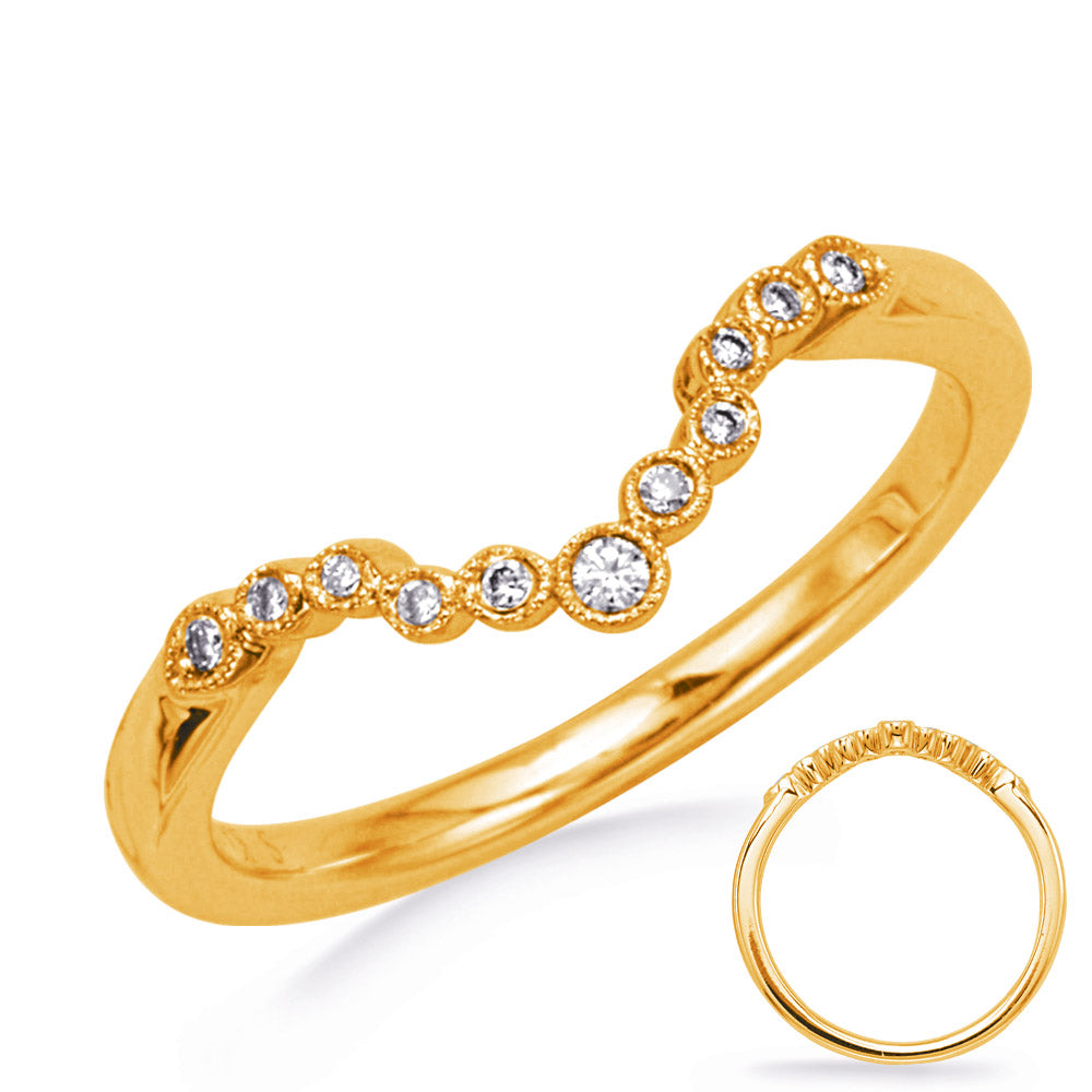 This Band is available in 14K Yellow Gold. There are a total of 11 stones. There are Round with a total carat weight of 0.14 set in a Bezel Set setting.