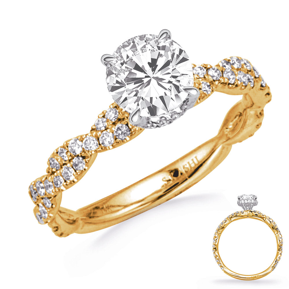 This Engagement Ring  is available in 14K Yellow & White Gold. There are a total of 86 stones. There are Rounds with a total carat weight of 0.51 set in a Micro Prong setting.