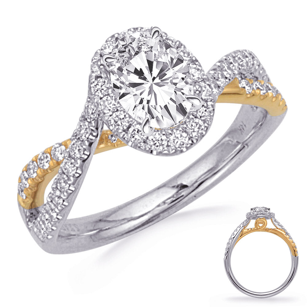 This Engagement Ring  is available in 14K Yellow & White Gold. There are a total of 48 stones. There are Rounds with a total carat weight of 0.45 set in a Micro Prong setting.