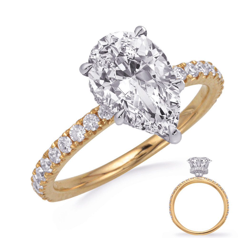 This Engagement Ring  is available in 14K Yellow & White Gold. There are a total of 48 stones. There are Rounds with a total carat weight of 0.56 set in a Micro Prong setting.