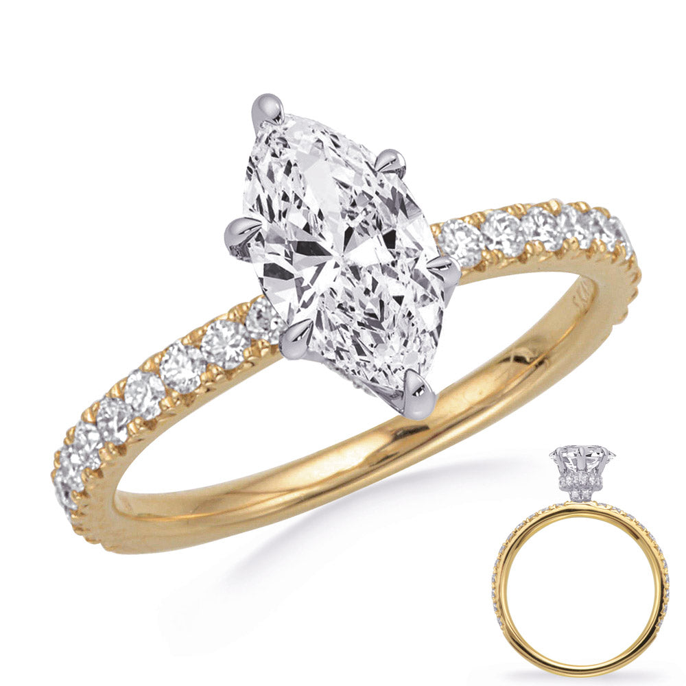 This Engagement Ring  is available in 14K Yellow & White Gold. There are a total of 42 stones. There are Rounds with a total carat weight of 0.54 set in a Micro Prong setting.