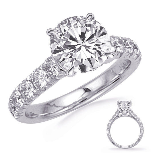This Engagement Ring  is available in 14K White Gold. There are a total of 12 stones. There are Rounds with a total carat weight of 0.82 set in a Bezel Set|Micro Prong setting.