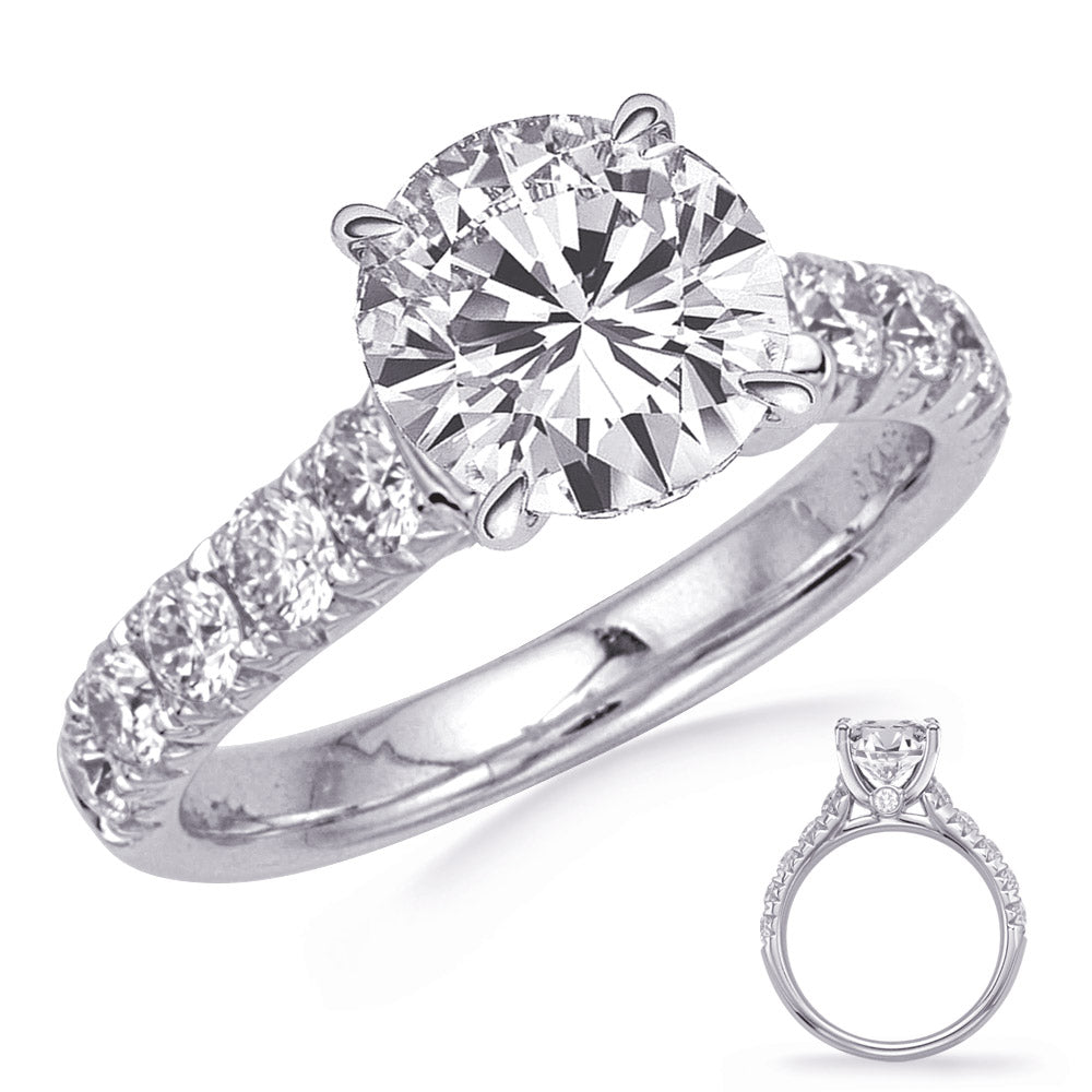 This Engagement Ring  is available in 14K White Gold. There are a total of 12 stones. There are Rounds with a total carat weight of 0.82 set in a Bezel Set|Micro Prong setting.