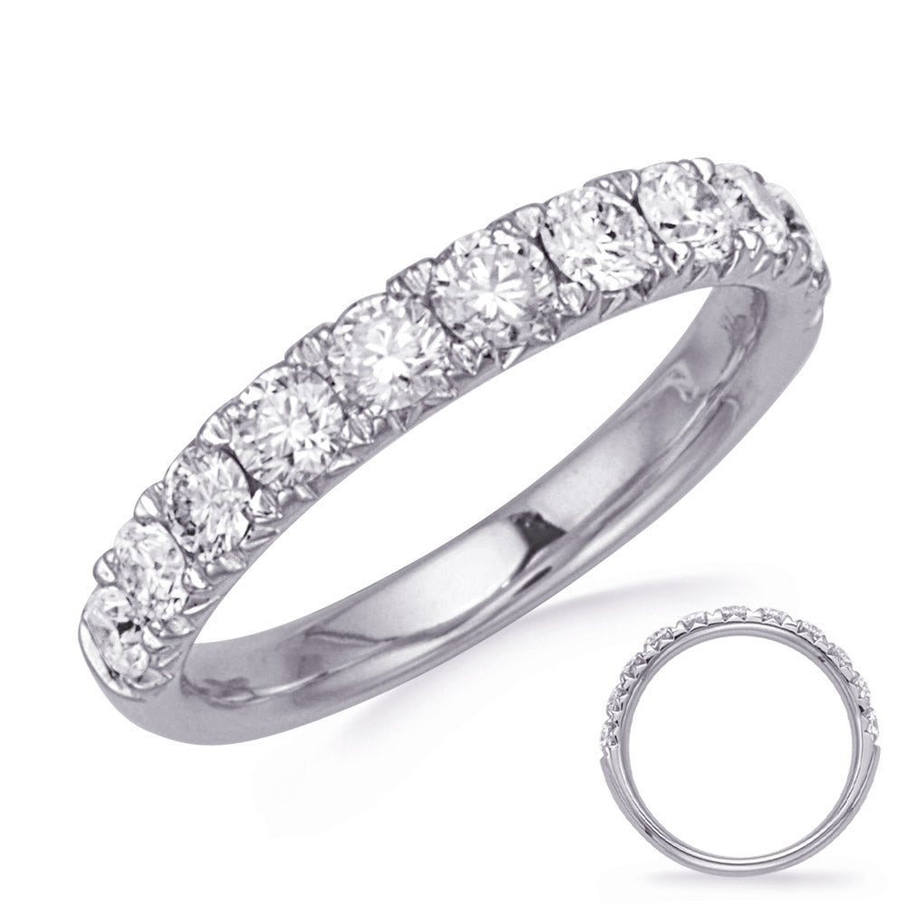 This Band is available in 14K White Gold. There are a total of 11 stones. There are Round with a total carat weight of 1 set in a Bezel Set|Micro Prong setting.