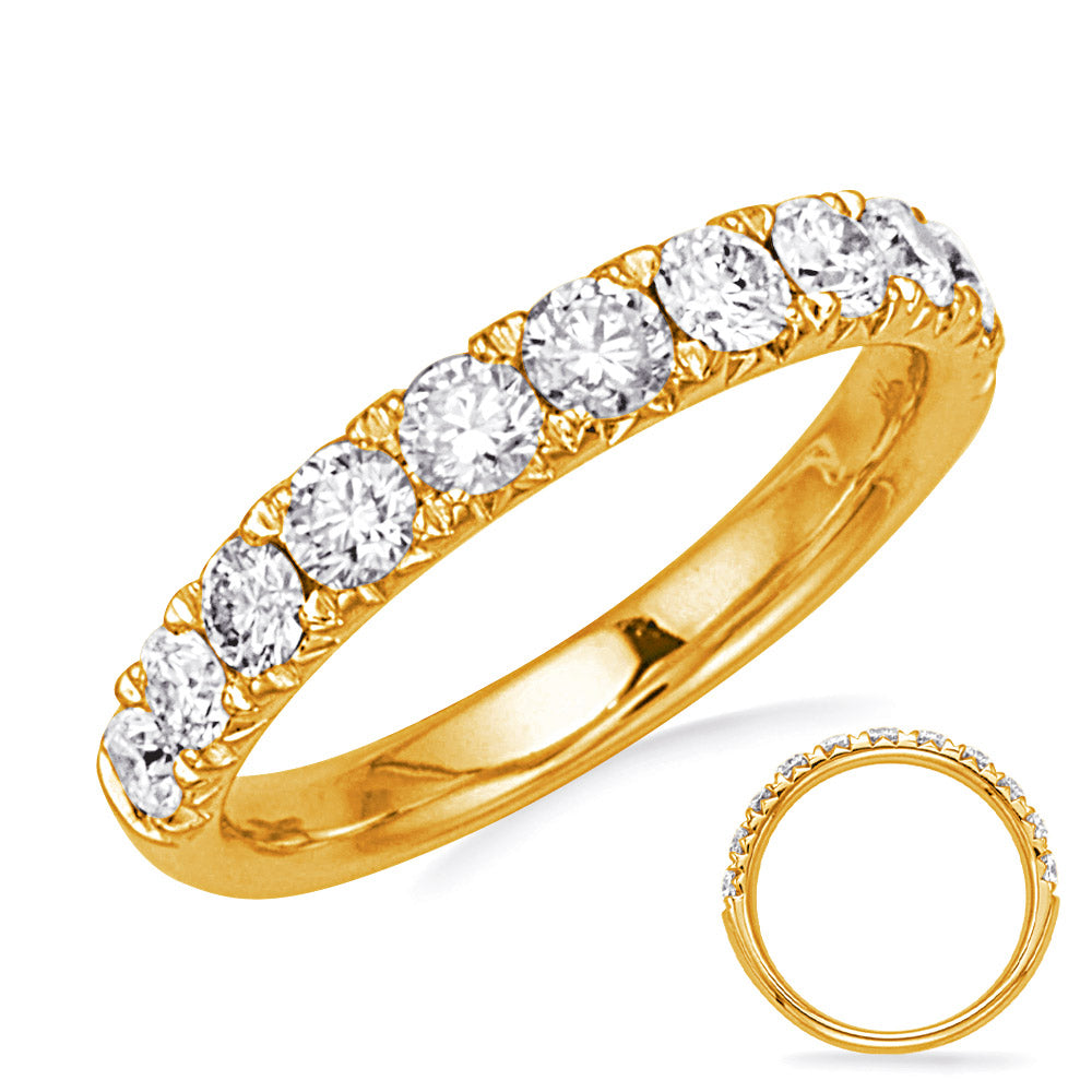 This Band is available in 14K Yellow Gold. There are a total of 11 stones. There are Round with a total carat weight of 1 set in a Bezel Set|Micro Prong setting.