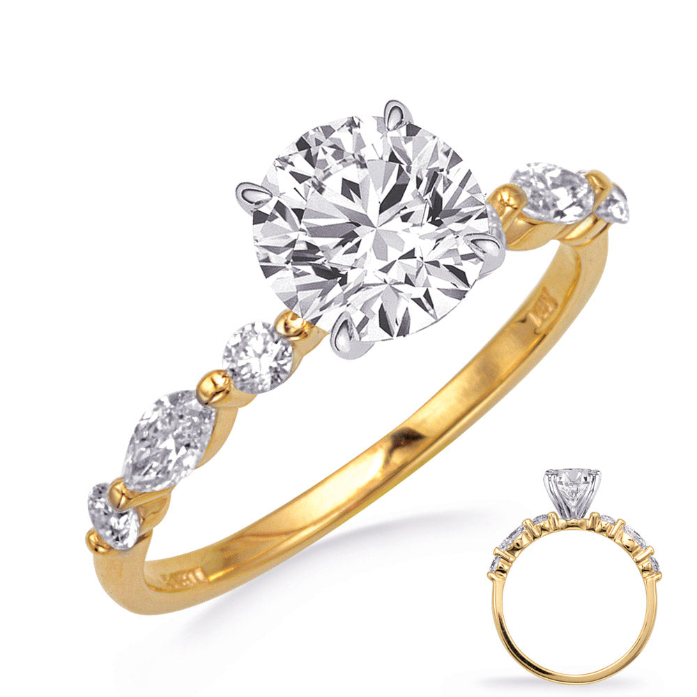 This Engagement Ring  is available in 14K Yellow Gold. There are a total of 6 stones. There are Marquise with a total carat weight of 0.2 set in a Prong Set|Shared Prongs setting.There are Rounds stones with a total carat weight of 0.17 set in a Prong Set|Shared Prongs.