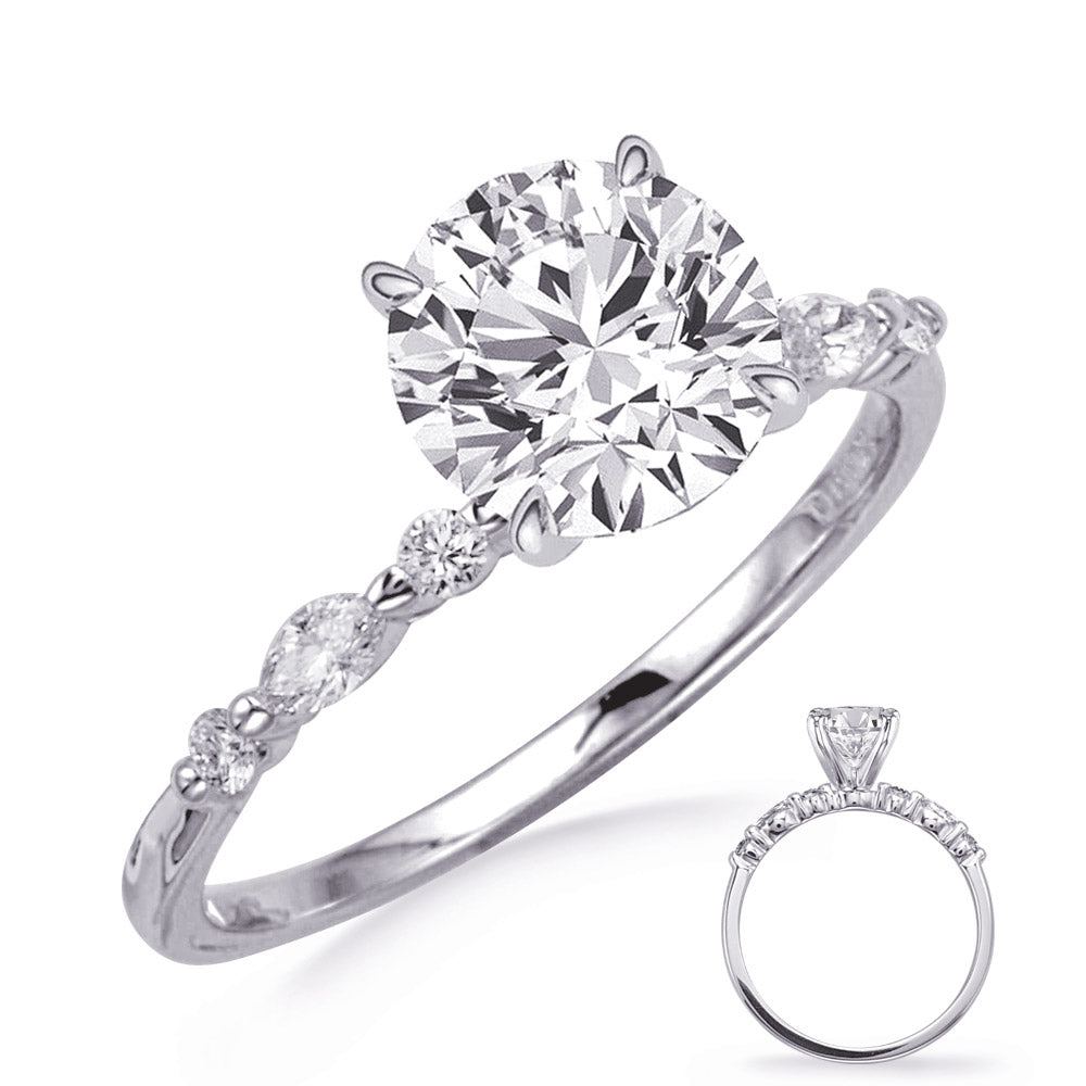 This Engagement Ring  is available in 14K White Gold. There are a total of 6 stones. There are Marquise with a total carat weight of 0.25 set in a Prong Set|Shared Prongs setting.There are Rounds stones with a total carat weight of 0.17 set in a Prong Set|Shared Prongs.