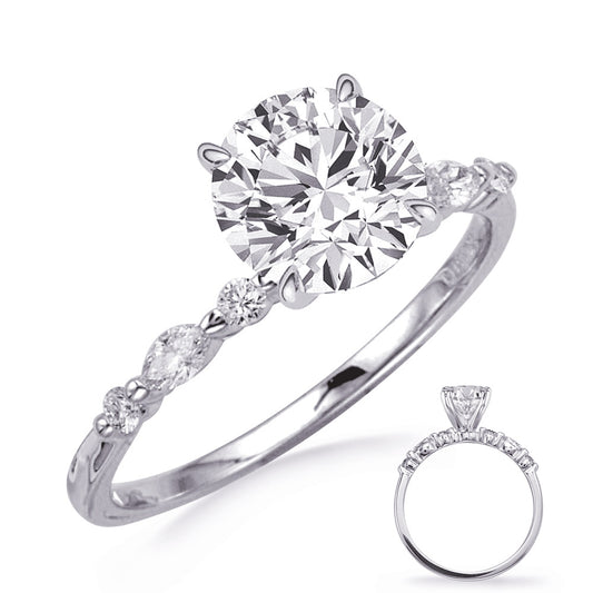 This Engagement Ring  is available in 14K White Gold. There are a total of 6 stones. There are Marquise with a total carat weight of 0.3 set in a Prong Set|Shared Prongs setting.There are Rounds stones with a total carat weight of 0.23 set in a Prong Set|Shared Prongs.