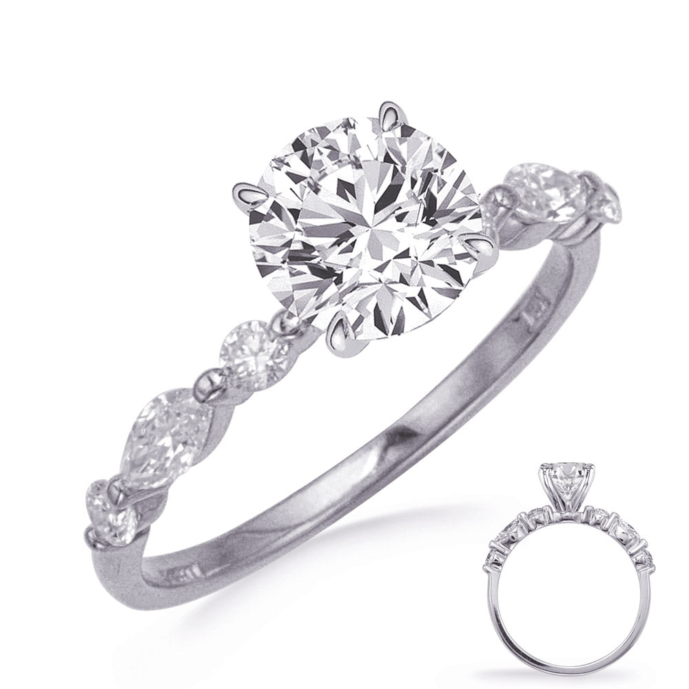 This Engagement Ring  is available in 14K White Gold. There are a total of 6 stones. There are Marquise with a total carat weight of 0.4 set in a Prong Set|Shared Prongs setting.There are Rounds stones with a total carat weight of 0.45 set in a Prong Set|Shared Prongs.