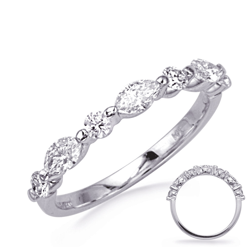 This Band is available in 14K White Gold. There are a total of 7 stones. There are Marquise with a total carat weight of 0.23 set in a Prong Set|Shared Prongs setting.There are Round stones with a total carat weight of 0.17 set in a Prong Set|Shared Prongs.