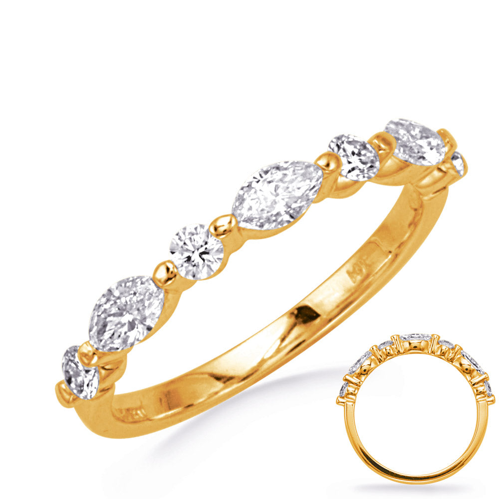 This Band is available in 14K Yellow Gold. There are a total of 7 stones. There are Marquise with a total carat weight of 0.23 set in a Prong Set|Shared Prongs setting.There are Round stones with a total carat weight of 0.17 set in a Prong Set|Shared Prongs.