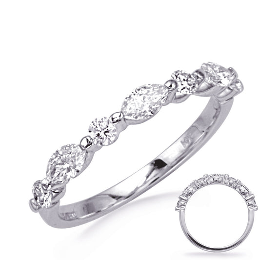 This Band is available in 14K White Gold. There are a total of 7 stones. There are Marquise with a total carat weight of 0.35 set in a Prong Set|Shared Prongs setting.There are Round stones with a total carat weight of 0.17 set in a Prong Set|Shared Prongs.