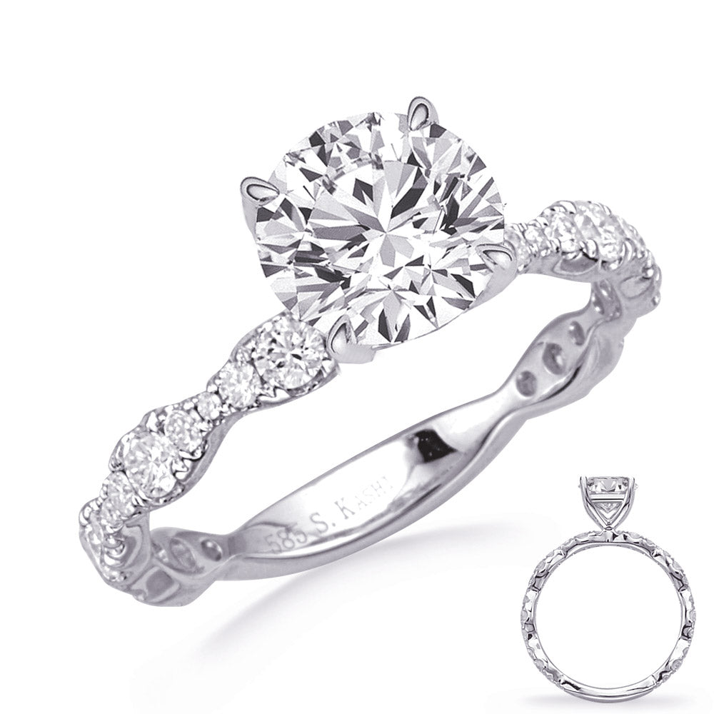 This Engagement Ring  is available in 14K White Gold. There are a total of 32 stones. There are Rounds with a total carat weight of 0.58 set in a Prong Set setting.